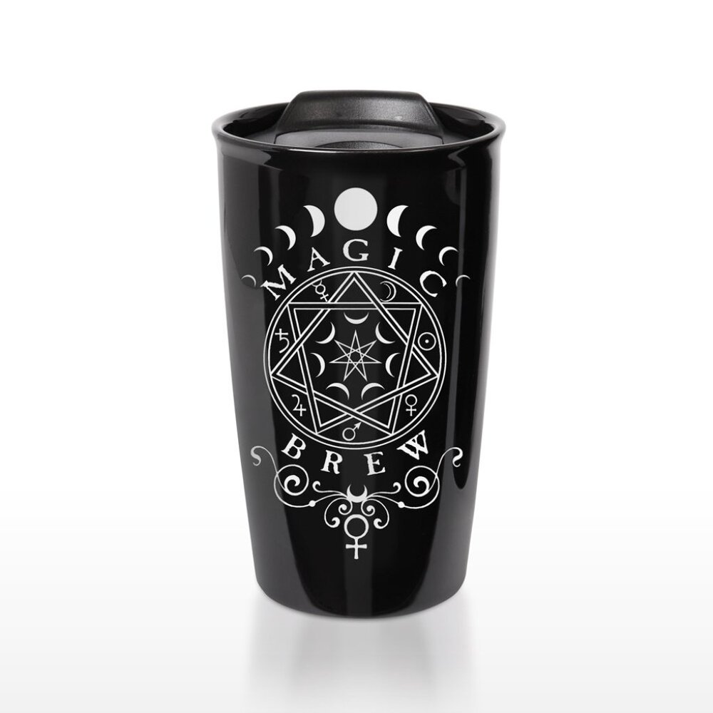 Alchemy Gothic Magic Brew Hot/Cold Black Travel Mug Ceramic Double Wall NIB